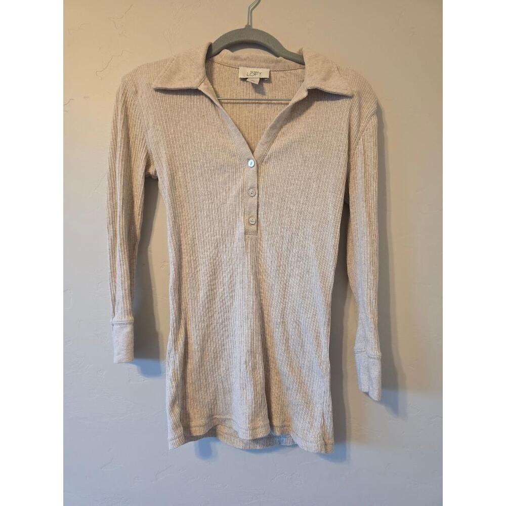 LOFT Ribbed Henley Collared Top Women’s Medium Beige Cottagecore Basic